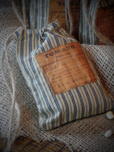 Load image into Gallery viewer, Primitive Shaker Seed Ditty Bag~Aged Blue Ticking Stripe~Tattered~Old Rustic Colonial Farmhouse Decor~Peg Hang~Prairie Cloth~Garden Sack
