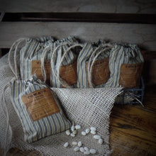 Load image into Gallery viewer, Primitive Shaker Seed Ditty Bag~Aged Blue Ticking Stripe~Tattered~Old Rustic Colonial Farmhouse Decor~Peg Hang~Prairie Cloth~Garden Sack
