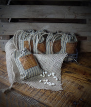 Load image into Gallery viewer, Primitive Shaker Seed Ditty Bag~Aged Blue Ticking Stripe~Tattered~Old Rustic Colonial Farmhouse Decor~Peg Hang~Prairie Cloth~Garden Sack
