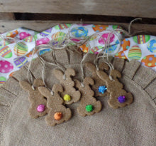 Load image into Gallery viewer, Primitive Rustic Farmhouse Cinnamon Sparkle Bunnies with Bright Puffs~Ornaments~Tree Hangers~Sparkle Cinnamon Salt Dough Primitive Bunnies~
