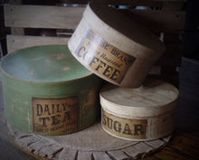 Load image into Gallery viewer, Primitive Distressed Aged Grungy Nesting Pantry Boxes~Farmhouse Rustic Stacking Kitchen Boxes~Muted Sage~Taupe~Cream~Grungy Pantry Labels
