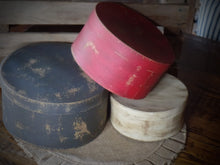 Load image into Gallery viewer, Primitive Distressed Aged Grungy Nesting Pantry Boxes~Farmhouse Rustic Kitchen Stacking Boxes~Muted Gray~Red~Cream
