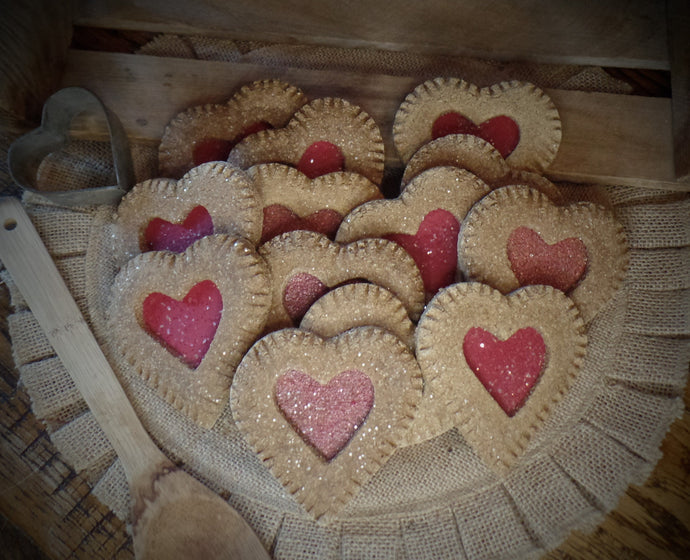 Primitive Rustic Farmhouse Faux Sparkle Heart Cookies~Valentine's Day Bowl Filler~Pink or Red Glitter~Lightly Scented~Valentine Ornies Decor