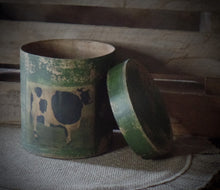 Load image into Gallery viewer, Primitive Distressed Aged Grungy Farm Dairy Cow Pantry Box~Farmhouse Rustic Stacking Box~Deep Muted Pine Green~Aged Grungy Pantry Label~
