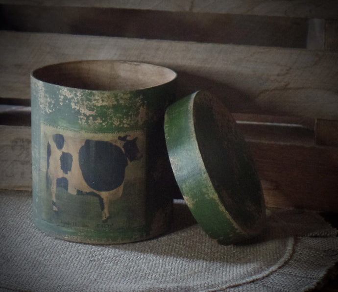 Primitive Distressed Aged Grungy Farm Dairy Cow Pantry Box~Farmhouse Rustic Stacking Box~Deep Muted Pine Green~Aged Grungy Pantry Label~