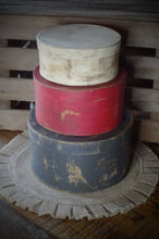 Load image into Gallery viewer, Primitive Distressed Aged Grungy Nesting Pantry Boxes~Farmhouse Rustic Kitchen Stacking Boxes~Muted Gray~Red~Cream
