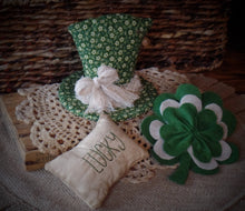 Load image into Gallery viewer, Farmhouse St. Patrick&#39;s Day Gathering~Leprechaun Hat~Layered Shamrock~Stitched Lucky Ornie~Green~Rusty Pin &amp; Bell~Primitive Aged Grungy
