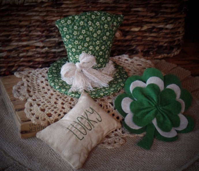 Farmhouse St. Patrick's Day Gathering~Leprechaun Hat~Layered Shamrock~Stitched Lucky Ornie~Green~Rusty Pin & Bell~Primitive Aged Grungy