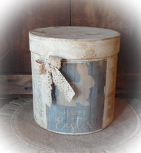 Load image into Gallery viewer, Primitive Distressed Aged Grungy Farmhouse Easter Bunny Pantry Box~Farmhouse Rustic Pale Blue Barnwood Label~Primitive Easter Table Decor~
