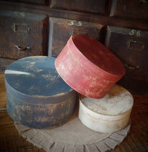 Load image into Gallery viewer, Primitive Distressed Aged Grungy Nesting Pantry Boxes~Farmhouse Rustic Americana Stacking Boxes~Warm Blue~Red~Cream~Farmhouse 4th of July
