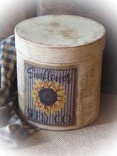 Load image into Gallery viewer, Primitive Distressed Aged Grungy Farmhouse Fall Sunflower Pantry Box~Farmhouse Rustic Stacking Box~Painted Grungy Pantry Label~Muted Blue~
