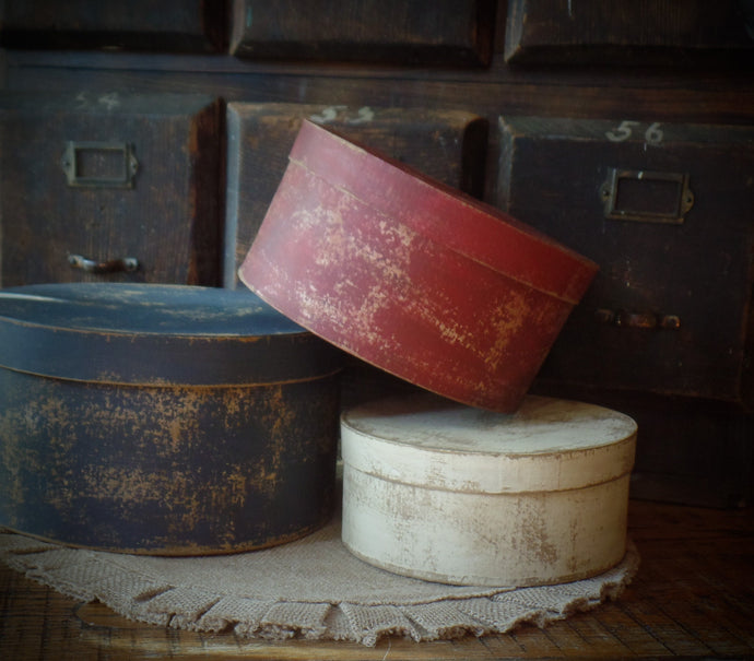 Primitive Distressed Aged Grungy Nesting Pantry Boxes~Farmhouse Rustic Americana Stacking Boxes~Warm Blue~Red~Cream~Farmhouse 4th of July