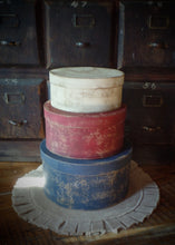 Load image into Gallery viewer, Primitive Distressed Aged Grungy Nesting Pantry Boxes~Farmhouse Rustic Americana Stacking Boxes~Warm Blue~Red~Cream~Farmhouse 4th of July
