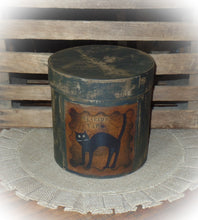 Load image into Gallery viewer, Rustic Farmhouse Aged Grungy Distressed Creepy Halloween Pantry Box~Spooky Black Cat Label~Primitive Halloween Table Decor~Black~Halloween
