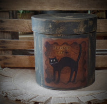 Load image into Gallery viewer, Rustic Farmhouse Aged Grungy Distressed Creepy Halloween Pantry Box~Spooky Black Cat Label~Primitive Halloween Table Decor~Black~Halloween
