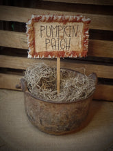 Load image into Gallery viewer, Rustic Primitive Farmhouse Stitched Grungy &quot;Pumpkin Patch&quot; Poke~Rust Orange Check Homespun Raggy Fabric~Fall Home~Pumpkin Patch Sign~
