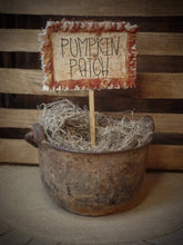 Load image into Gallery viewer, Rustic Primitive Farmhouse Stitched Grungy &quot;Pumpkin Patch&quot; Poke~Rust Orange Check Homespun Raggy Fabric~Fall Home~Pumpkin Patch Sign~
