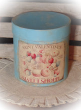 Load image into Gallery viewer, Primitive Distressed Aged Grungy Farmhouse Valentine Pantry Box~Rustic Blue Valentine&#39;s Day Decor~Tattered Label~Painted Paper Mache Box
