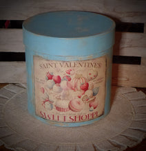 Load image into Gallery viewer, Primitive Distressed Aged Grungy Farmhouse Valentine Pantry Box~Rustic Blue Valentine&#39;s Day Decor~Tattered Label~Painted Paper Mache Box
