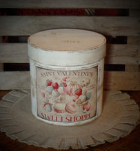 Load image into Gallery viewer, Primitive Distressed Aged Grungy Farmhouse Valentine Pantry Box~Rustic Valentine&#39;s Day Decor~Tattered Label~Painted Paper Mache Box with Lid
