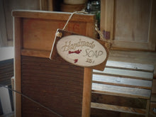 Load image into Gallery viewer, Antique Primitive Farmhouse Laundry Room Gathering~Wash Board~Wood Handle Sad Iron~Rug Beater~Sock Darner~Pantry Box~Soap &amp; Tin~Tea Towel
