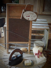 Load image into Gallery viewer, Antique Primitive Farmhouse Laundry Room Gathering~Wash Board~Wood Handle Sad Iron~Rug Beater~Sock Darner~Pantry Box~Soap &amp; Tin~Tea Towel
