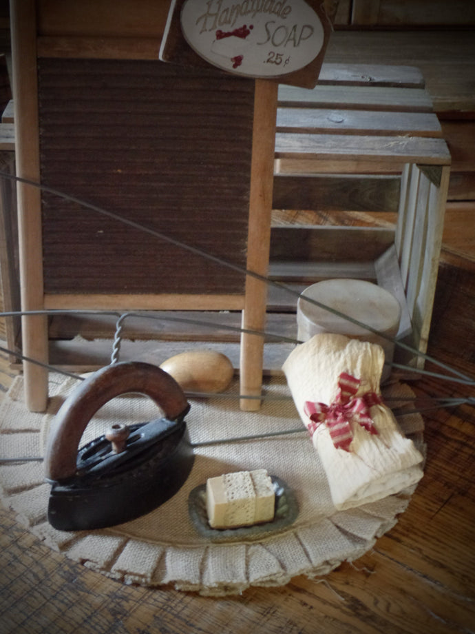 Antique Primitive Farmhouse Laundry Room Gathering~Wash Board~Wood Handle Sad Iron~Rug Beater~Sock Darner~Pantry Box~Soap & Tin~Tea Towel