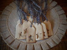 Load image into Gallery viewer, Americana Rustic Farmhouse Primitive Coffee Stained Hang Tags~Star Cut Out~~Cinnamon Scented~Navy &amp; Natural Jute~Gift Packages~Junk Journal
