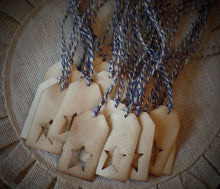 Load image into Gallery viewer, Americana Rustic Farmhouse Primitive Coffee Stained Hang Tags~Star Cut Out~~Cinnamon Scented~Navy &amp; Natural Jute~Gift Packages~Junk Journal
