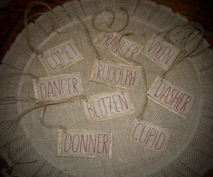 Primitive Christmas Stitched Hang Tags~Rustic Reindeer Hang Tags~Farmhouse Christmas~Grungy Coffee Stained Hang Tags~Prim Pencil Tree