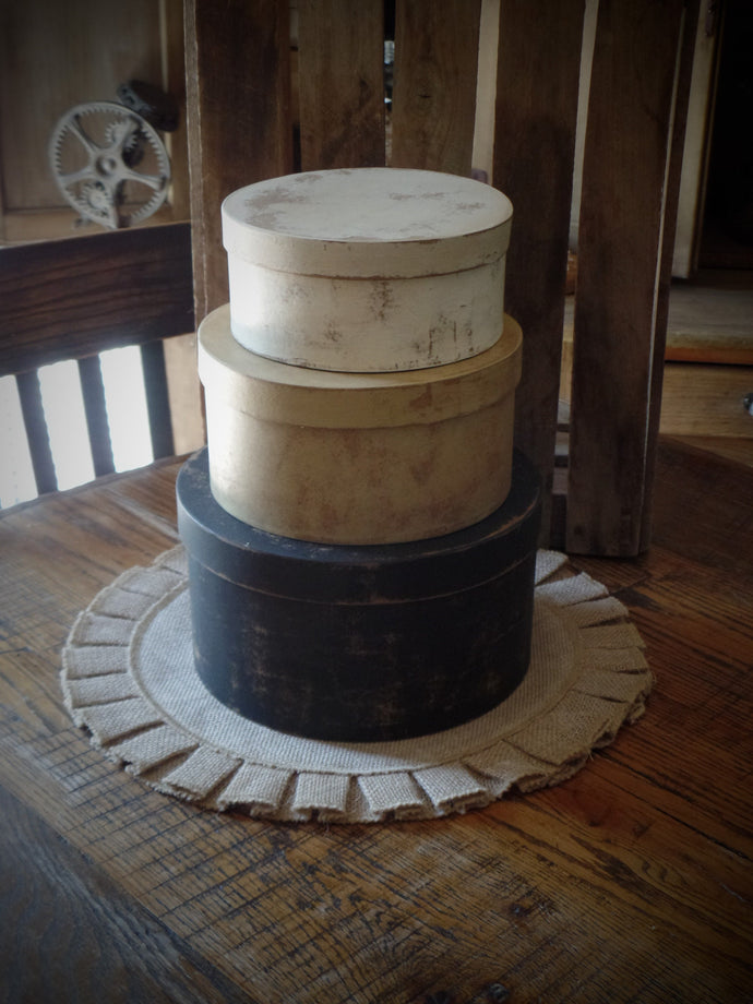 Primitive Distressed Aged Grungy Nesting Pantry Boxes~Farmhouse Rustic Kitchen Stacking Boxes~Warm Rich Tones of Black~Tobacco~Cream~Grungy