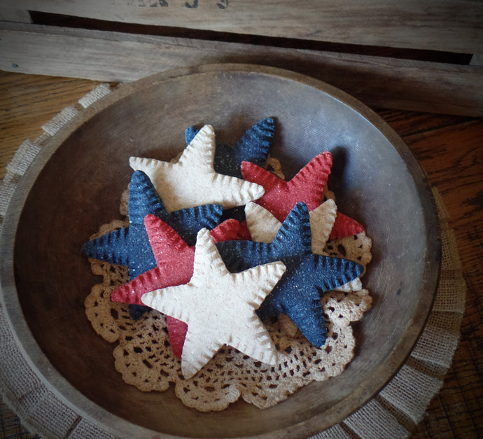 Primitive Rustic Farmhouse Faux Sparkle Star Cookies~4th of July Patriotic Bowl Fillers~Red~Blue~Cream~Brown~Cinnamon Salt Dough Ornies~