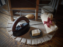 Load image into Gallery viewer, Antique Primitive Farmhouse Laundry Room Gathering~Wash Board~Wood Handle Sad Iron~Rug Beater~Sock Darner~Pantry Box~Soap &amp; Tin~Tea Towel
