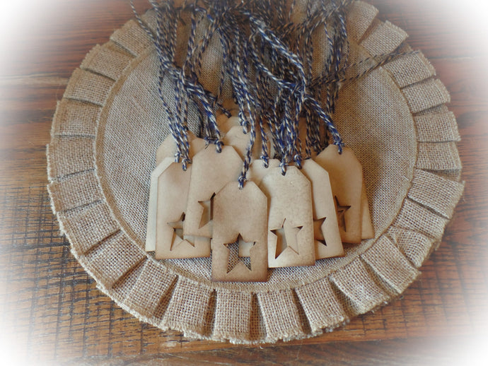 Americana Rustic Farmhouse Primitive Coffee Stained Hang Tags~Star Cut Out~~Cinnamon Scented~Navy & Natural Jute~Gift Packages~Junk Journal