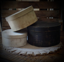 Load image into Gallery viewer, Primitive Distressed Aged Grungy Nesting Pantry Boxes~Farmhouse Rustic Kitchen Stacking Boxes~Warm Rich Tones of Black~Tobacco~Cream~Grungy
