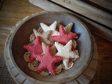 Load image into Gallery viewer, Primitive Rustic Farmhouse Faux Sparkle Star Cookies~4th of July Patriotic Bowl Fillers~Red~Blue~Cream~Brown~Cinnamon Salt Dough Ornies~
