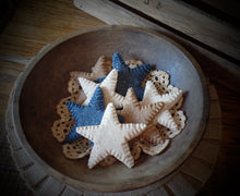 Load image into Gallery viewer, Primitive Rustic Farmhouse Faux Sparkle Star Cookies~4th of July Patriotic Bowl Fillers~Red~Blue~Cream~Brown~Cinnamon Salt Dough Ornies~
