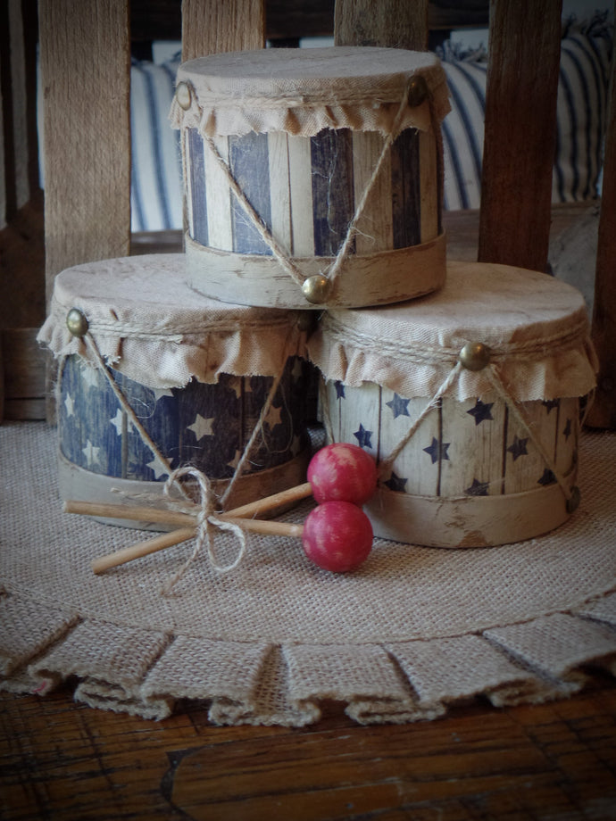 Primitive Americana Distressed Drum & Wood Sticks~Farmhouse 4th of July~Stars Stripe~Rustic Patriotic Table Decor~Tattered Faux Firecrackers