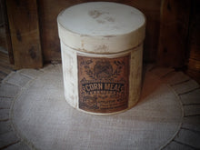 Load image into Gallery viewer, Primitive Distressed Aged Grungy Corn Meal Pantry Box~Farmhouse Rustic Stacking Box~Cream Painted~Aged Grungy Pantry Label~Country Kitchen~
