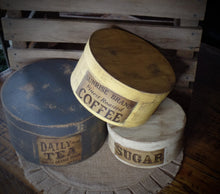 Load image into Gallery viewer, Primitive Distressed Aged Grungy Nesting Pantry Boxes~Farmhouse Rustic Stacking Kitchen Boxes~Muted Navy~Yellow~Cream~Grungy Pantry Labels
