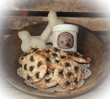 Load image into Gallery viewer, Primitive Rustic Farmhouse Faux "Spider Chip" Cookies~Halloween Bowl Fillers~Lightly Cinnamon Scented~Spooky Table Decor~Spider Syrup Box~
