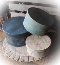 Load image into Gallery viewer, Primitive Distressed Aged Grungy Nesting Pantry Boxes~Farmhouse Rustic Kitchen Stacking Boxes~Warm Blues &amp; Cream~
