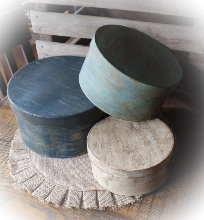 Primitive Distressed Aged Grungy Nesting Pantry Boxes~Farmhouse Rustic Kitchen Stacking Boxes~Warm Blues & Cream~