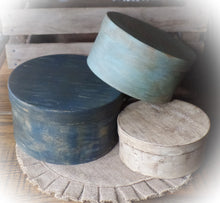 Load image into Gallery viewer, Primitive Distressed Aged Grungy Nesting Pantry Boxes~Farmhouse Rustic Kitchen Stacking Boxes~Warm Blues &amp; Cream~
