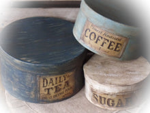 Load image into Gallery viewer, Primitive Distressed Aged Grungy Labeled Nesting Pantry Boxes~Farmhouse Rustic Kitchen Stacking Boxes~Warm Blues &amp; Cream~
