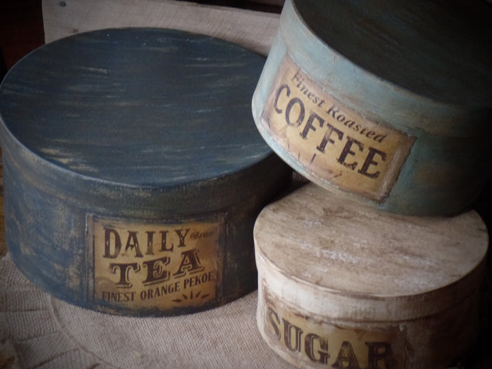 Primitive Distressed Aged Grungy Labeled Nesting Pantry Boxes~Farmhouse Rustic Kitchen Stacking Boxes~Warm Blues & Cream~