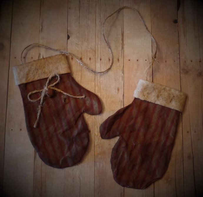 Primitive Christmas Homespun Mitten Set~Stained~Aged~Tattered